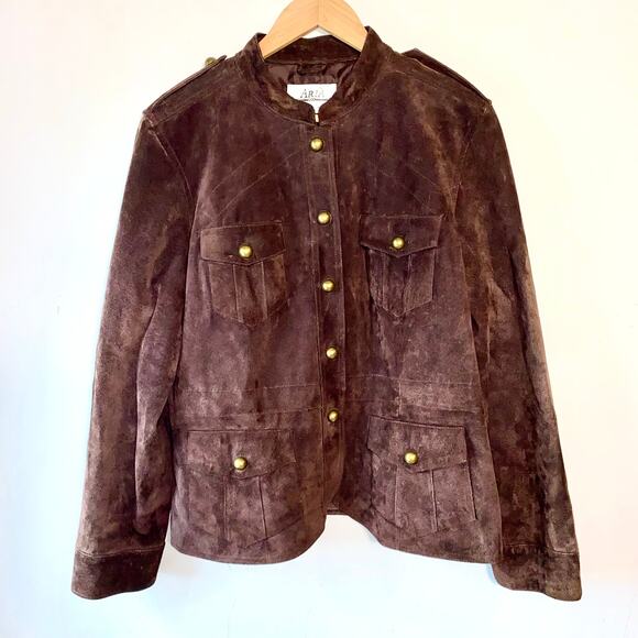VTG Aria Brown Suede Leather Jacket Womens XL Equestrian Military Brass Button - Picture 1 of 11